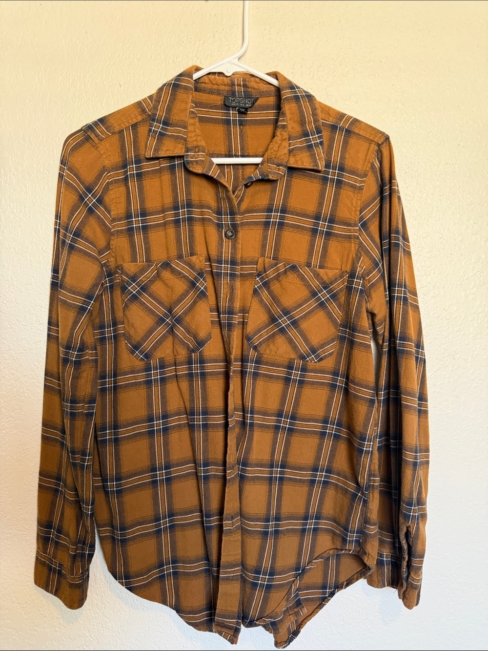 Topshop Women’s Brown and Navy Plaid Button-Down Shirt